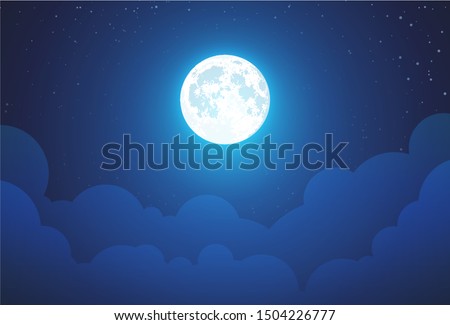 Night with Full Moon - Beautiful vector wallpaper, background illustration with landscape in dark blue color. Sky panorama with stars and clouds and copy space.