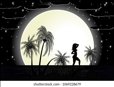 Night of the Full Moon. The black silhouette of a girl who stands on a curved palm tree and waits for her ship, near the island swim dolphins.