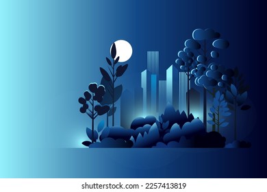 Night full moon city landscape.  Sustainable city vector illustration. Eco-city skyline landscape.