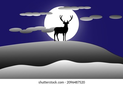 in the night of the full moon A deer stands on a snowy slope looking for a mate, in cold weather. eyes staring carefully vector illustration