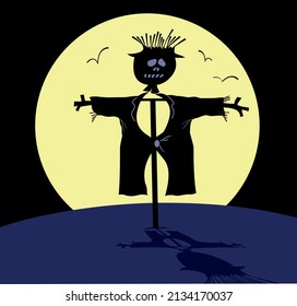 Night. Full moon. Funny scarecrow silhouette illustration. 
Cartoon scarecrow, birds on the full moon background 
