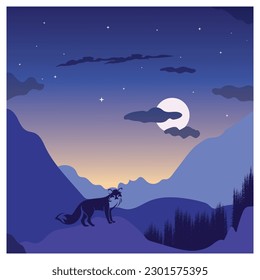 Night with full moon moonlight outdoor view illustration logo design