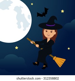 At night, the full moon witch flying on a broom. Halloween the background. 