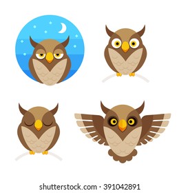 Night Funny Cute Cartoon Comic Owl Vector Illustration objects on white