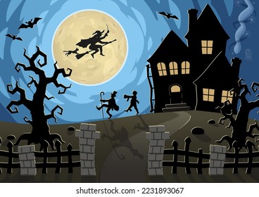 Night funny picture with mysterious house, bright moon, flying witch, funny figures, old fence and ominous trees. Matches the theme of Halloween.