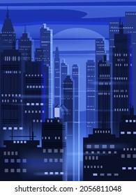 Night futuristic city background, bright lights, panorama, modern buildings, midnight. Vector illustration poster cover