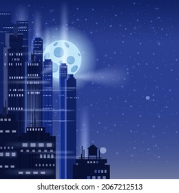 Night futuristic city background, bright lights, Moon, panorama, modern buildings, midnight. Vector illustration poster cover