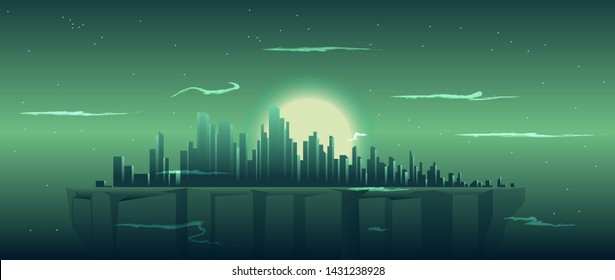 night futuristic city landscape, cloudy sky , full moon and cityscape on rocky plato