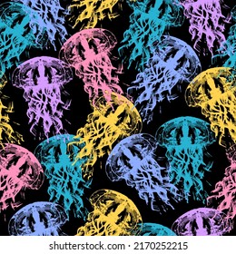 Night galaxy mix with watercolor jelly fishes in bright style vivid blue purple violet isolated on dark background  Sea collection.