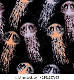 Night galaxy mix with watercolor jelly fishes in bright style vivid blue purple violet isolated on dark background. Underwater animal illustration. Hand drawn realistic medusa .Abstract fantasy.