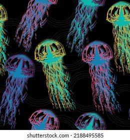 Night galaxy mix with watercolor jelly fishes in bright style vivid blue purple violet isolated on dark background. Magical jellyfish seamless pattern. Hand drawn watercolor illustration