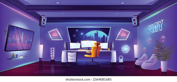Night gamer room with neon screen and computer vector background. Video game stream office with light and purple interior illustration. Living lounge with console, joystick and playing setup.