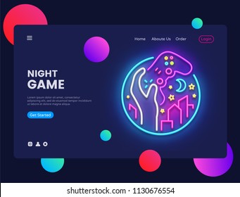 Night Games concept banner. Gamer Neon Sign, can use for web banner, infographics, website template. Gamepad in Hand, Video Game concept. Vector illustration isolated