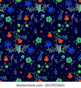 Night garden. Beautiful seamless pattern with embroidered flowers and berries on a black background. Print for fabric. Floral embroidery.