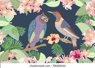 Night garden with birds. Seamless vector print with owls, blooming flowers and palm leaves. Victorian motifs. On dark grey background.