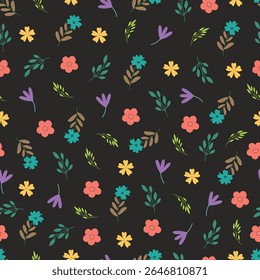 Night garden flowers bloom seamless pattern. Dark floral vector surface design of pink yellow flowers and leaves of midnight meadow. Allover print flowery texture on charcoal black color background.  