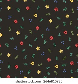 Night garden flowers bloom seamless pattern. Dark floral vector surface design of pink yellow flowers and leaves of midnight meadow. Allover print flowery texture on charcoal black color background