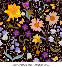Night garden. Flowers, leaves and butterflies on a black background seamless natural pattern in vector. Beautiful print for fabric.