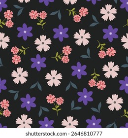 Night garden flowers seamless pattern. Dark floral vector surface design of bright pink blue flowers and leaves. Allover print flowery texture on charcoal black color background.  