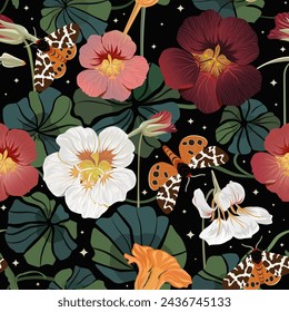 Night garden of nasturtiums and Garden Tiger moths. Summer seamless vector pattern