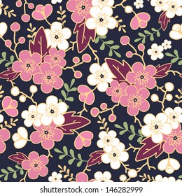 Night garden sakura blossoms seamless pattern background