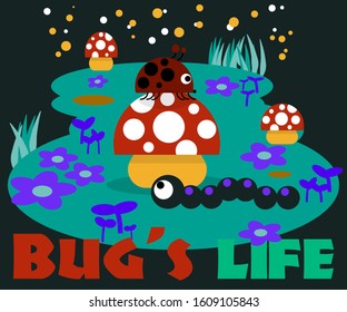 Night garden scene with bugs and flowers. Flat colorful illustration for children