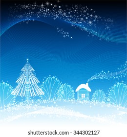 night geometric festive background, sparkling forest landscape with Christmas tree and small hut, vector
