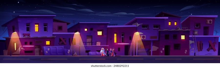 Night ghetto city street and children on Halloween. Old abandoned house in apocalypse town with teenager in haloween costume at nighttime. Poor cityscape with destroyed building wall panorama