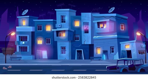 Night ghetto. Slum empty street poor city neighborhood povetry town building old houses with lights cartoon game background country urban cityscape, swanky vector illustration original artwork