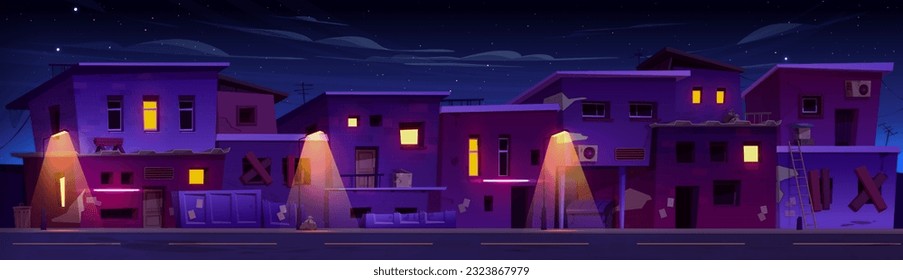 Night ghetto street district with poor house vector neighborhood illustration. Slum africa building near road. Poverty cityscape in india and disaster illegal architecture. Neon lamp light on wall