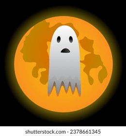 Night ghost against the backdrop of the bright moon. Halloween character. Objects on a black background. Vector illustration.