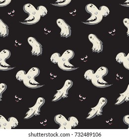 Night ghosts. Halloween. Seamless pattern with ghost cartoon on a black background. Background image for decorating textiles, ceramics, gift wrapping. Design for printing on fabric or paper.