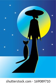 Night. Girl and cat on a background of stars and moon
