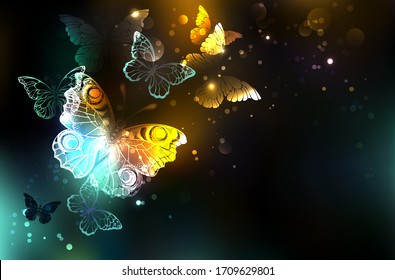 Night glowing butterflies on black abstract background.