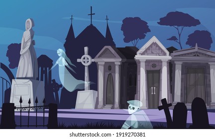 Night gothic cemetery landscape with ghosts old crypts and monument cartoon vector illustration