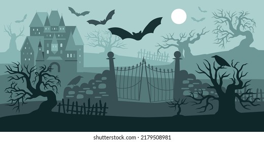 Night gothic halloween landscape with spooky trees silhouettes old gate flying bats and castle flat vector illustration