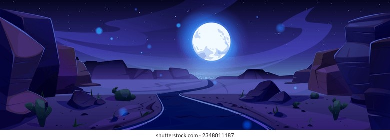 Night Grand Canyon Vollmond Cartoon Landschaft. National usa Park mit Berg- und Felsklippen in Sand Wüste Wildnis Umwelt Vektorhintergrund Szene. Erstaunliches Mitternachtstal mit Kakteen