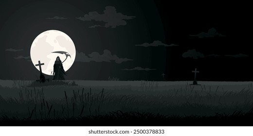 Night at graveyard with Angel of Death have full moon background monochromatic minimalism landscape graphic illustration have blank space.