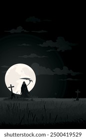 Night at graveyard with Angel of Death have full moon with vertical background monochromatic minimalism landscape graphic illustration have blank space.