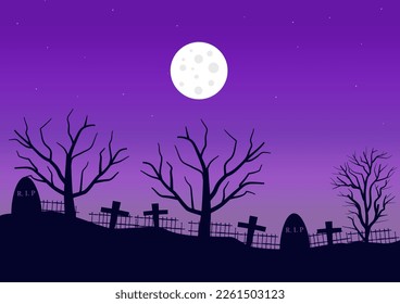 night graveyard with a full moon, vector illustration.