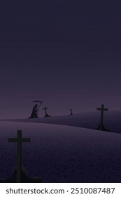 Night at graveyard landscape with Angel of Death vertical background graphic illustration have blank space.