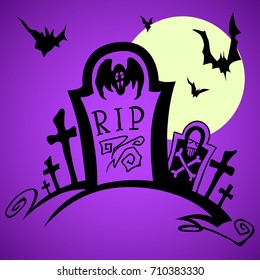 Night graveyard tombstone and crosses. Hand drawn Halloween celebration design element symbol. Vector illustration in purple and black.