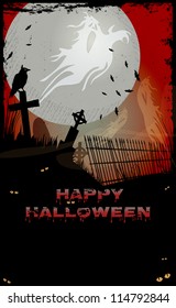 Night at graveyard with tombstones, ghosts, crow,Happy Halloween text and copy-space