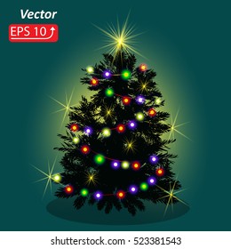 Night green background with a Christmas fir tree  vector illustration EPS 10