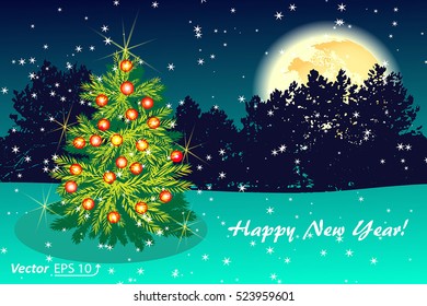 Night green background greeting card with a Christmas fir tree , a full moon on winter landscape fir forest vector illustration EPS 10