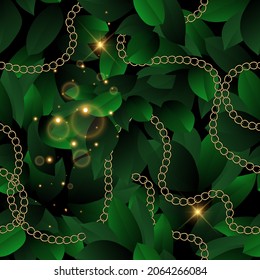 Night green forest 3d seamless pattern. Vector fantasy leafy background. Repeat leaves backdrop. Fairy 3d ornaments with shiny stars, bubbles, chains, branches, leaves. Modern design. Endless texture.