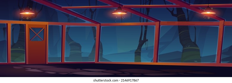 Night Greenhouse Empty Interior With Creepy Trees At Darkness Behind Of Glass Windows. Winter Garden, Orangery, Hothouse Cartoon Background, Halloween Spooky Place Inside View, Vector Illustration