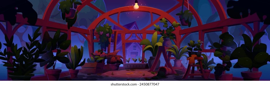 Night greenhouse with plant inside vector cartoon illustration. Houseplant to care flower and green botanical nursery for gardening and farming. Indoor seedling and cultivation area with window