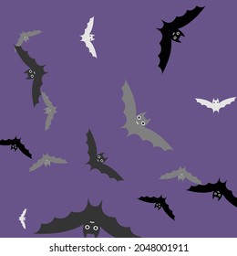 Night Grey Colorful Eyes Halloween Art Illustration. Violet Gothic Black Print Wallpaper. Sky Creepy Retro Spooky Flying Bats Art Pattern. Motion Scary White Purple Attack Bats Vector Background.