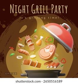 Night grill party invitation 3D cartoon plastic style vector poster design. Realistic BBQ barbecue. Meat, pork ribs, chicken legs, steak and sausages. Picnic event. It is grilling time